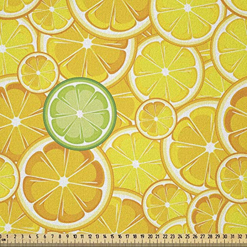 ABAKUHAUS Obst Stoff als Meterware, Lemon orange Kreise, Microfaser Stoff für Dekoratives Basteln, 1M (230x100cm),Gelb Weiß und Grün