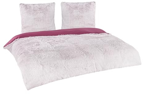 BaSaTex Flokati Polar Fleece Bettwäsche 200x200 cm 2X 80x80 cm 3-teilig Fellimitat Bett Garnitur Bordeaux Weiss