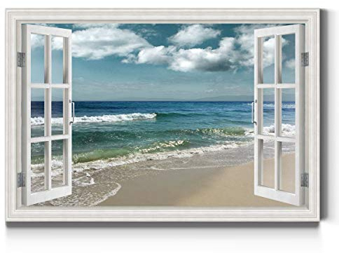 Renditions Gallery Canvas Nature Wall Art Home Paintings & Prints Artwork Cloudy Ocean Beach Sky Glam Romantic Window View Modern Decorations for Dining Room Office Kitchen - 18x27 LT21