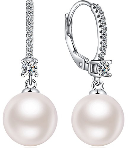 JiaYang 8mm Perlenohrringe Hängend Damen 925 Sterling Silber 18K Weißgoldvergoldung Hypoallergene Zuchtperlen Ohrringe
