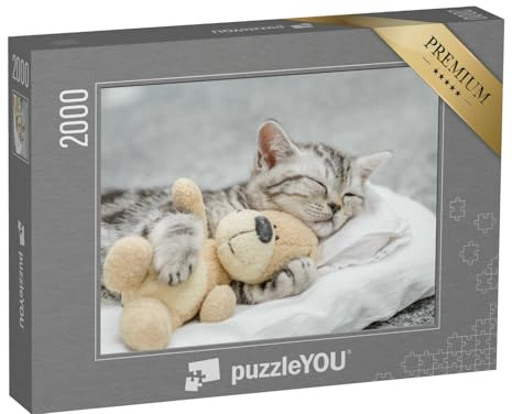 puzzleYOU: Puzzle 2000 Teile „Niedliches Kätzchen schmust mit einem Teddy“ – aus der Puzzle-Kollektion Tiere, Amerika, Katzen-Puzzles