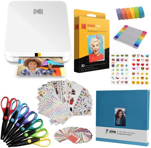 KODAK Step Slim Instant Mobile Photo Printer - Kit: 20 Pack Zink Paper, Scissors, Scrapbook Album, Markers, Sticker sets