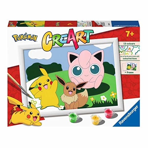 Ravensburger - Creart D: Pokemon | Pintar por Numeros Niños | Kit Manualidades Pokémon | Kit Pintura Niños Completo | Manualidades 7 años | Incluye Marco 18x24cm