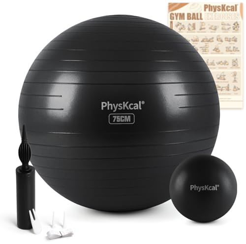 PhysKcal 75cm Black Thick Gym Ball and 23cm Pilates Ball Set, Anti-Burst Gymnastics Ball, Non-Slip Seat Ball, Balance Ball, Yoga Ball for Home, Gym and Office