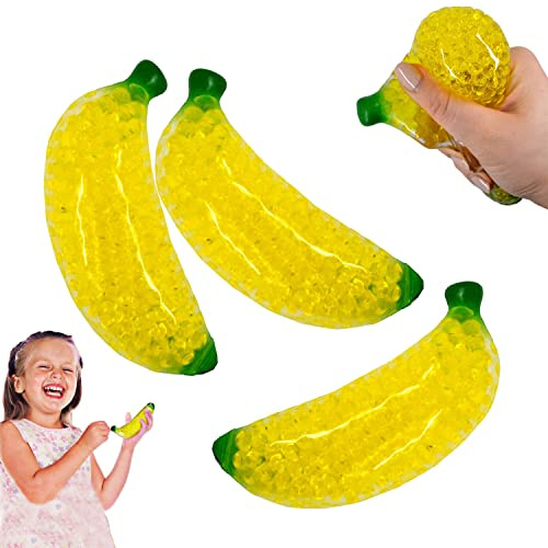 HOVUK 3 Stück Squeeze-Bananen gefüllt mit Gelperlen, sensorisches Fidget-Spielzeug in Fruchtform für Erwachsene und Kinder, sicherer und unterhaltsamer, entspannender Obstball 13 cm