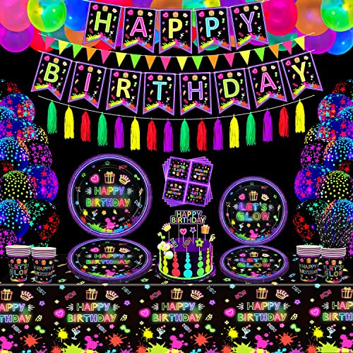 187 Pack Leuchtendes Neon-Party-Zubehör Glühen im Dunkeln Party Dekorationen BlackLight Party-Geschirr-Set - Teller, Banner, Fluoreszierende Ballons, Tischdecke, Quasten, Servietten Für 20 Personen
