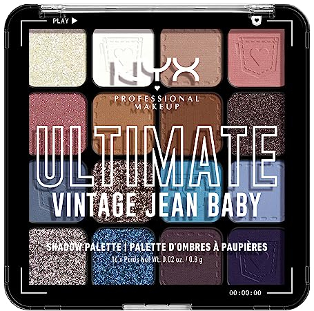 NYX Professional Makeup Palette Ombretti Ad Alta Pigmentazione, Texture Setosa, Finish Matte, Brillante e Metallizzato, 16 Colori, Formula Vegana*, Ultimate Shadow, Vintage Jean Baby