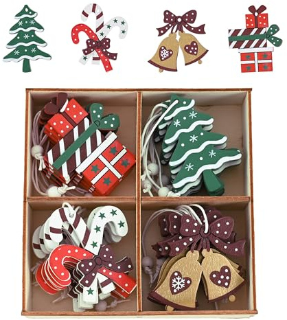 Valery Madelyn 24 Stück 6cm Weihnachtsbaumschmuck, hängende Weihnachtsdeko aus Holz, Baum Geschenke Stöcke und Glockenbehänge Weihnachtsanhänger Rot Grün Weiß Thema