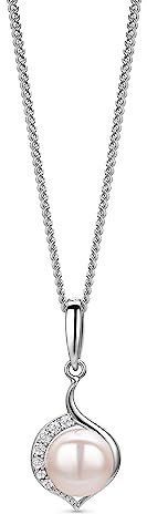 OROVI Schmuck Damen Perlenkette mit einer weißen Süßwasser Zuchtperle umgeben von weißen Zirkonia in Brillantschliff Zeitlose klassische Perlen Silberkette Halskette aus 925 Sterling Silber, 46 cm
