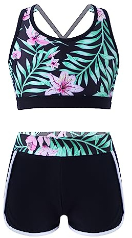 LiiYii - Traje de baño de 2 piezas con estampado floral bikini Tankini Top de baño y pantalones cortos de baño, conjunto de natación, traje de playa de 7 a 16 años