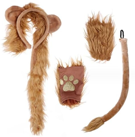 JIAHG 3-teiliges Löwen Kostüm Zubehör Set Löwen Ohren Haarreifen Schwanz Pfoten Handschuhe Set Damen Tierkostüm Halloween Kostüm für Erwachsene Karneval Halloween