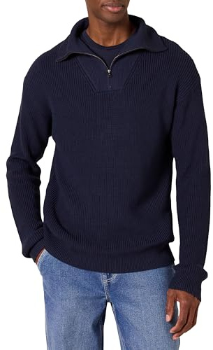 Amazon Essentials Herren Rippstrickpullover mit Viertel-Reißverschluss und lockerer Passform, Marineblau, L