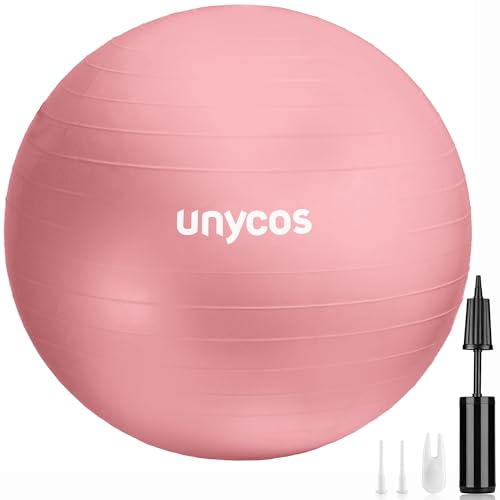 unycos - Pelota de Pilates, Gimnasia, Yoga, Fitness y Embarazo, Fitball Antideslizante y Anti-Burst【65 cm】de PVC Extra Grueso, Resistencia de 300 kg, Incluye Hinchador (Rosa Claro con Logo)