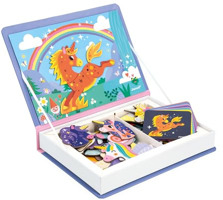 Janod J02584 Magnéti'Book enhörningsspel 44 magneter + 10 mallar barnleksaker av FSC-papp-främjar handlighet och fantasi-från 3 år, flerfärgad