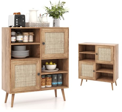 KOMFOTTEU Sideboard Anrichte mit 2 Türen aus Rattan, Buffet Beistellschrank Holz, Kommode Aufbewahrungsschrank mit offene Ablage, Küchenschrank Standschrank 80x29,5x97 cm