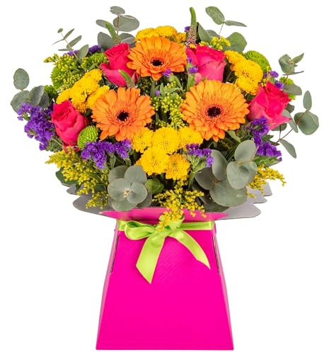 Bright and Colourful Fresh Flower Bouquet Delivered in Presentation Vase | Pink Roses, Germinis, Chrysanthemums & Seasonal Greenery | Pink Card Vase and Green Satin Ribbon | AMFL001