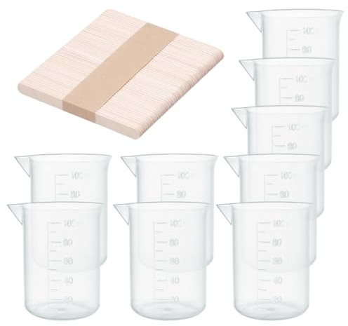 FSSTUD 24 Pcs 100ml Plastic Measuring Cups Lab Graduated Beakers Clear Measuring Beakers Transparent Pouring Cups Paint Mixing Cups with 50 Pcs Wood Stirring Sticks