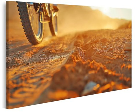 islandburner Bild auf Leinwand Nahaufnahme MTB Reifen rollt über sandigen Pfad bei Sonnenuntergang Radsport Szene Bilder Wandbilder Poster