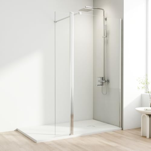 AQUARA 700mm Walk-in Shower Screen with 300mm Flipper Panel | Reversible, 8mm Easy-Clean Toughened Glass with Support Bar,Modern Chrome Shower Screen