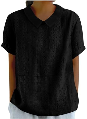 BFSWL Blouse Femme Oeillet Broderie T-Shirt Col Claudine Chemisier ÉLégant Manches Courtes Hauts Été Revers Chemise Couleur Unie Tunique Coupe Ample Chemisier
