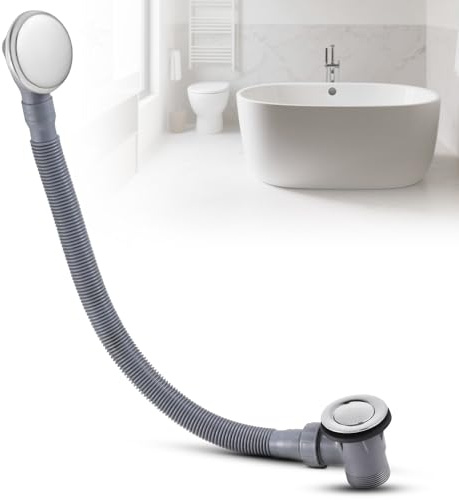 Bath Waste with Overflow Kit, Modern Chrome Design Bathtub Pop Up Waste Kit | with UK Standard G1 1/2 Waste Connection and 650mm Flexible Bath Drain Pipe