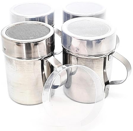 KERAM metal Coffee Bar - Fine Mesh Dredge 10 Oz Pack of 4 powdered sugar/cinnamon/flour/spice/seasoning shaker duster with holes, handle and lids restaurant supplies outdoor kitchen accessories