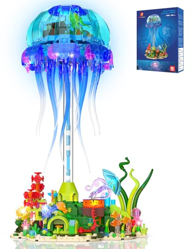 JMBricklayer Technik Quallen Bauspielzeug mit Schwenkbarem Tentakeln & Licht, 70010 Meerestier Klemmbausteine Modell mit Ständer, Kreative Heim- und Bürodekor, Geschenke für Erwachsene Kinder ab 14+