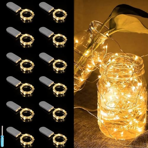 MOLVCE 12 Stück Mini LED Lichterkette mit Batterie Innen, 2M 20LED Silberdraht Klein Lichterketten Batteriebetrieben für Flasche, Hochzeit, Garten, Weihnachten, Halloween, Party, Warmweiß