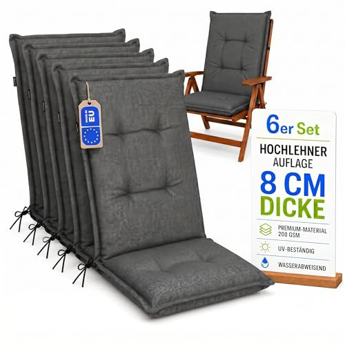Pillows24 Hochlehner Auflagen 6er Set 120x50x8cm, Wasserabweisend & UV-fest | Premium-Material 200gsm, Extra dicke Polsterung 8 cm, Sitzauflagen Hochlehner, Sitzkissen Gartenstuhlauflagen, Dunkelgrau