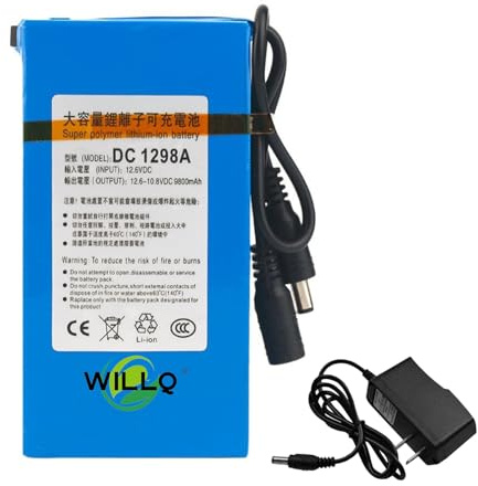WILLQ Batería de Iones de Litio Recargable portátil de 12 V CC, 9800 mAh, batería de Respaldo con Enchufe de alimentación para micrófono, Altavoz y luz de 12 voltios