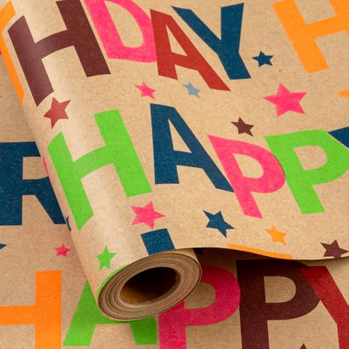 Wikadlik Buntes Geburtstags-Geschenkpapier – 43 cm x 10 m – Happy Birthday-Schriftzug, Geschenkpapierrolle mit Gitter-Schnittlinie für Feiertage, Feiern, Partys