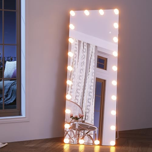 SONNI Ganzkörperspiegel mit Beleuchtung 160x60 cm, 3 Farblicht dimmbar + Steckdose + Wandmontage/Standfuß (kippsicher) - Weißer Alurahmen LED Standspiegel für Schlafzimmer