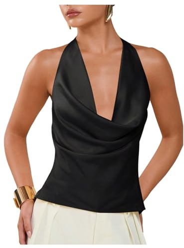 Verdusa Women's Elegant Draped Halter Tops Tie Knot Backless Sleeveless Party Club Tank Top Black Small