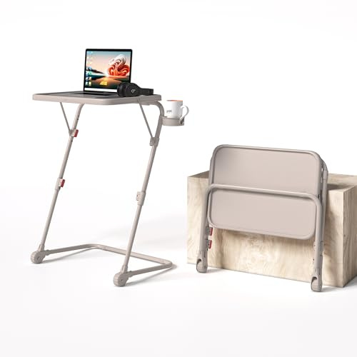 MEUBLE Cosy Escritorio Plegable Mesa Auxiliar con Altura Ajustable Sin Montaje para Ordenador Sofá Ahorro de Espacio Bandeja Cama Mesita Soportes de Regazo en Forma de Z, Beige
