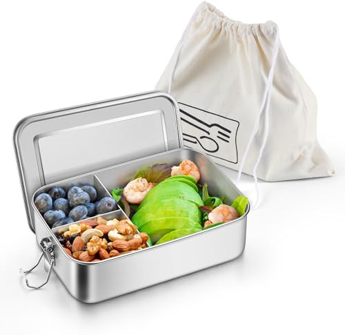Homikit Brotdose mit Fächern, Edelstahl Bento Box Lunchbox mit Tasche, 850ml Lunch Box für Kinder & Erwachsene, Brotzeitdose mit Entnehmbaren Trennwänden, Auslaufsicher Deckel mit Silikondichtungen