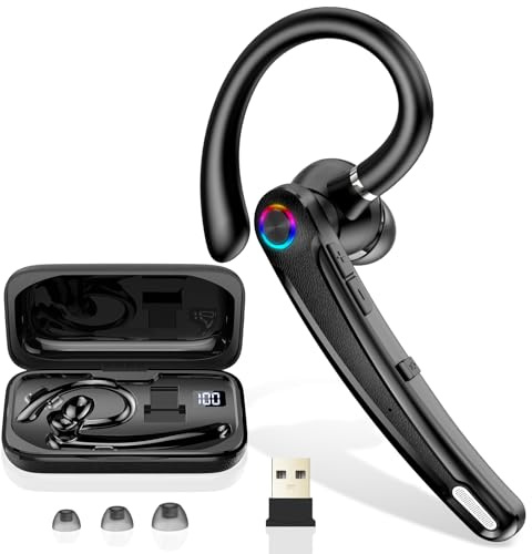Oreillette Bluetooth Sans Fil Entreprise Mono avec 120H Mains Libres, 2 Mics Anti-Bruit IA, V5.4 Oreillette Bluetooth avec Dongle USB PC/Mobile, Connexion à 2 Appareil pour Conducteur/Travail/Affaires