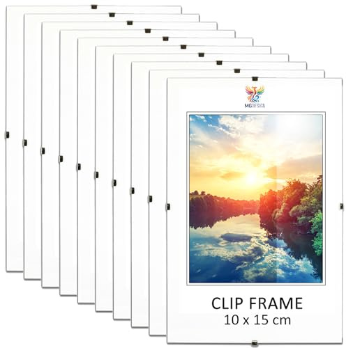 MG Design Cliprahmen Set 10 Stück in A6 10 x 15 cm – Rahmenlose Bilderrahmen mit Acrylglas & HDF-Rückwand für Fotos, Poster & Puzzle, vertikal & horizontal