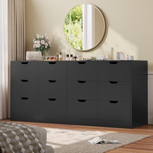 HAUOMS 12 Drawer Dresser for Bedroom, Large Black Chest of Drawers for Bedroom,Long Modern Dressers with Drawers for Living Room, Hallway