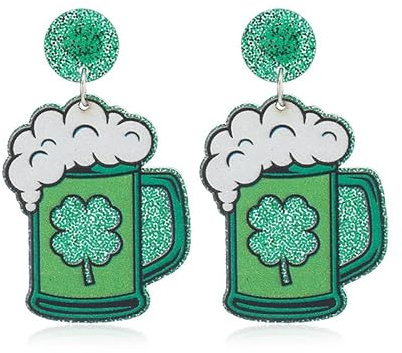 Boucles d'oreilles pendantes en acrylique pour la Saint-Patrick - Trèfle irlandais vert - Chope de bière - Boucles d'oreilles avec paillettes