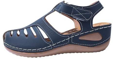 Damsandaler sommar, bekväma damsandaler, retro, kilklack, stängt tåparti, tjock sula, lätta sandaler, ihåliga bärande semester, strand, fritidssandaler, barfota skor dam, blå, 37 EU