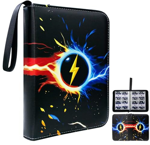 Album de Cartes à Collectionner à 4 Pochettes avec 50 Pochettes Amovibles – pour 400 Cartes, Album en Cuir PU à 3 Anneaux et Fermeture à glissière pour Cartes de Sport et Cartes de Jeux (Noir)