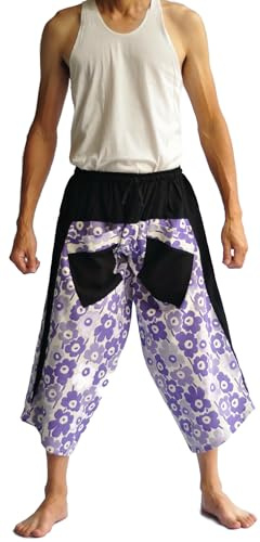 Siam Trendy Thai Fisherman Pants Mens Baggy Yoga Hippie Boho Aladdin Alibaba Harem Pants happi Hakama Summer Pants Men Mini Flower White Purple