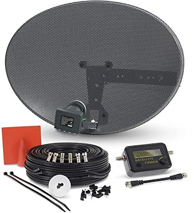 SSL Satellites Zone1 Dish Kit for SKY/Freesat/Astra/Polesat/Hotbird/Full HD, Latest MK4 Dish with Quad LNB, 5M Twin Black Cable, Signal Finder Satellite TV Finder, Brackets, Bolts, F Connectors