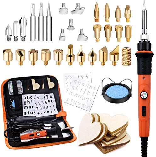 Wood Burning Kit, Preciva 45 in 1 Block Burn Pyrography Pen, Engraving Craft Kit with Pyrograph Basics and 60W Adjustable Temperature Soldering Irons Tool for Carving,Soldering with 31 Tips,Orange
