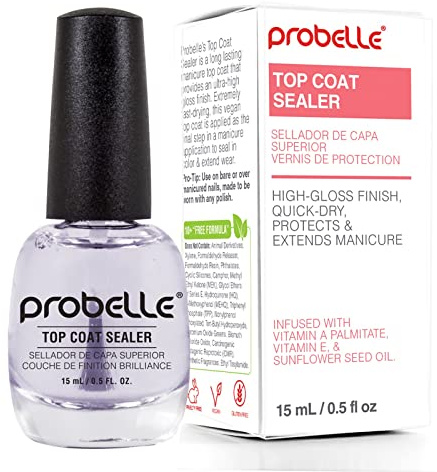 Probelle Top Coat Sealer, Quick Dry Nail Polish Top Coat, High Shine Glossy Nail Finish, Instantly Forms Clear Barrier For Enamel Protection, Fast Dry Manicure, Long Lasting Results, 0.5 fl oz/ 15 mL