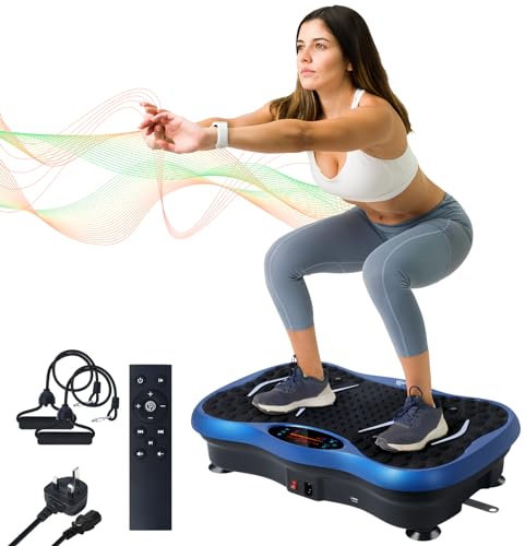 EVOLAND Vibration Plate Exercise Machine, Vibration Fitness Trainer with Bluetooth Speaker 5 Program Modes 2 Resistance Bands, Home Exercise Equipment for Fitness Body Toning-Blue