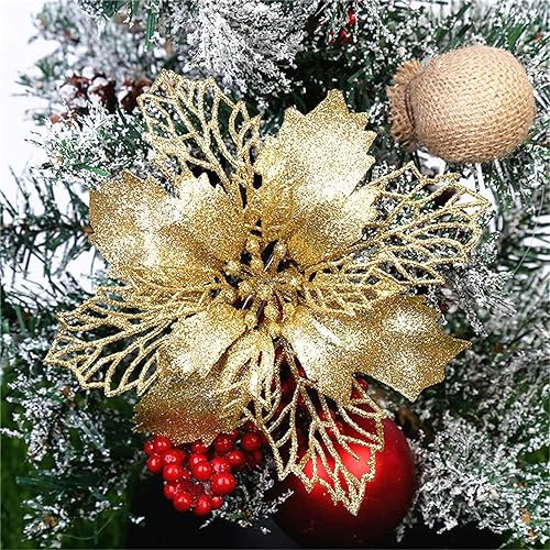 GLITZFAS 12 Stück Glitter Weihnachtsbaum Dekoration, Weihnachtsbaumschmuck Ornament Weihnachten Blumen Dekor, Christbaumanhänger (Gold,9 cm)