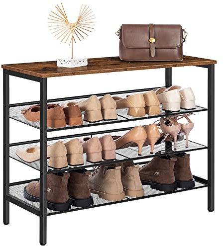 HOOBRO 4-Tier Shoe Rack, Shoe Storage Organizer with 3 Adjustable Mesh Shelves, Metal Frame, Industrial Shoe Rack for Entryway, Bedroom, Hallway, Rustic Brown and Black EUBF14XJ01