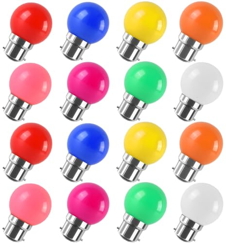 WULUN Lot de 16 Ampoules Colorées LED Baïonnette B22, G45 2W 200LM Lampe Décorative pour Halloween, Noël, Fête, Couleurs Mixtes Rouge/Jaune/Vert/Violet/Rose/Bleu/Orange/Blanc Chaud