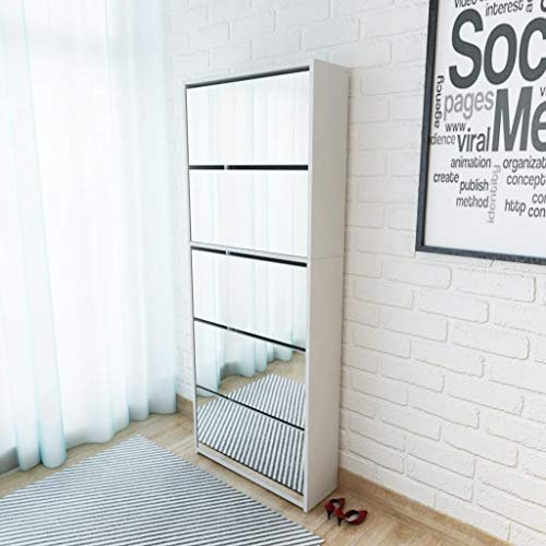 Schuhschrank mit 5 Klappen, Schuhregal, Schuhkipper, Schuhkommode mit 5 Tiefen Fächern, Spiegel Weiß - Flur, Diele, Wohnzimmer, Schlafzimmer, 63×17×169.5 cm